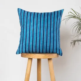 Stripes Hand Block Blue Printed Cotton Cushion Cover 16x16