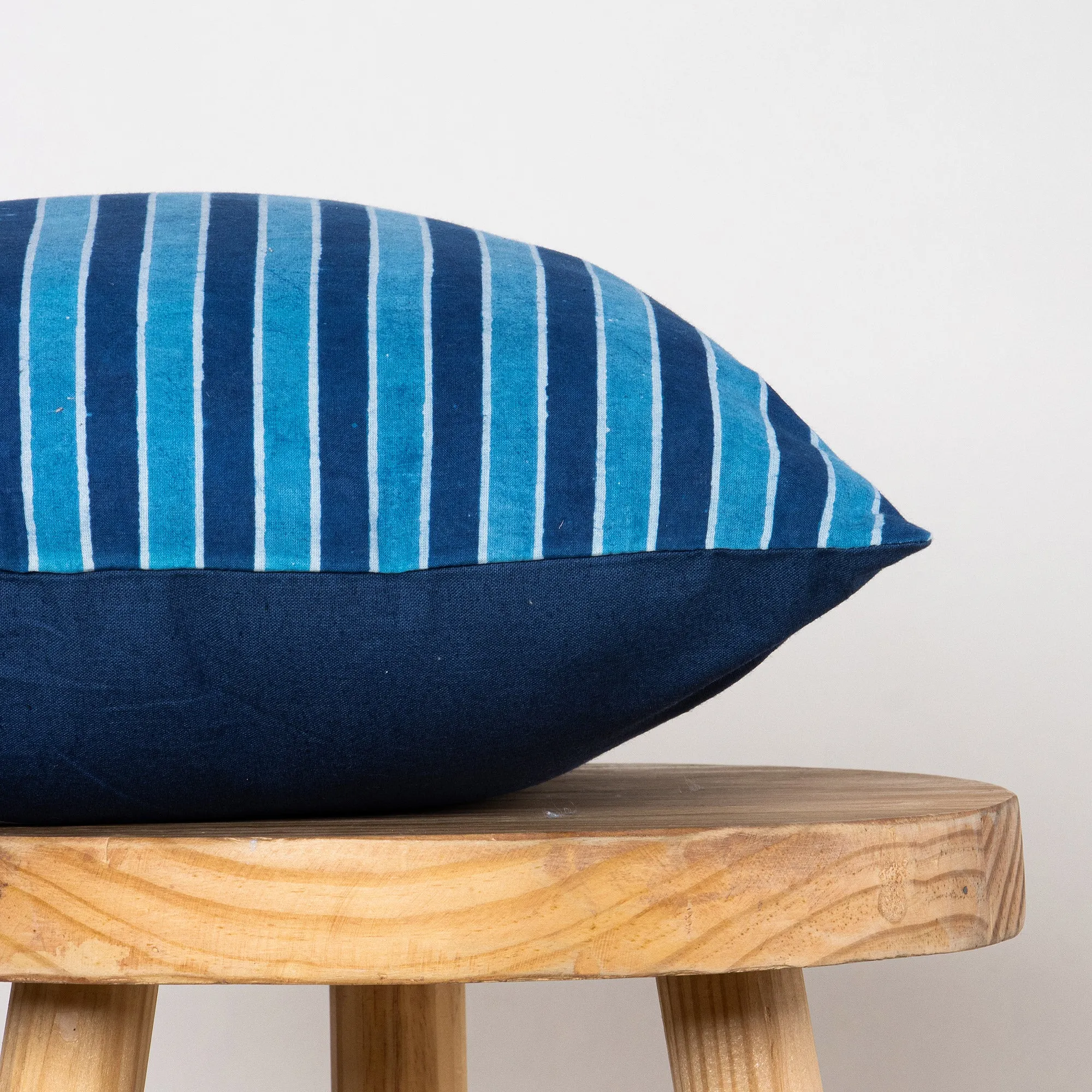 Stripes Hand Block Blue Printed Cotton Cushion Cover 16x16