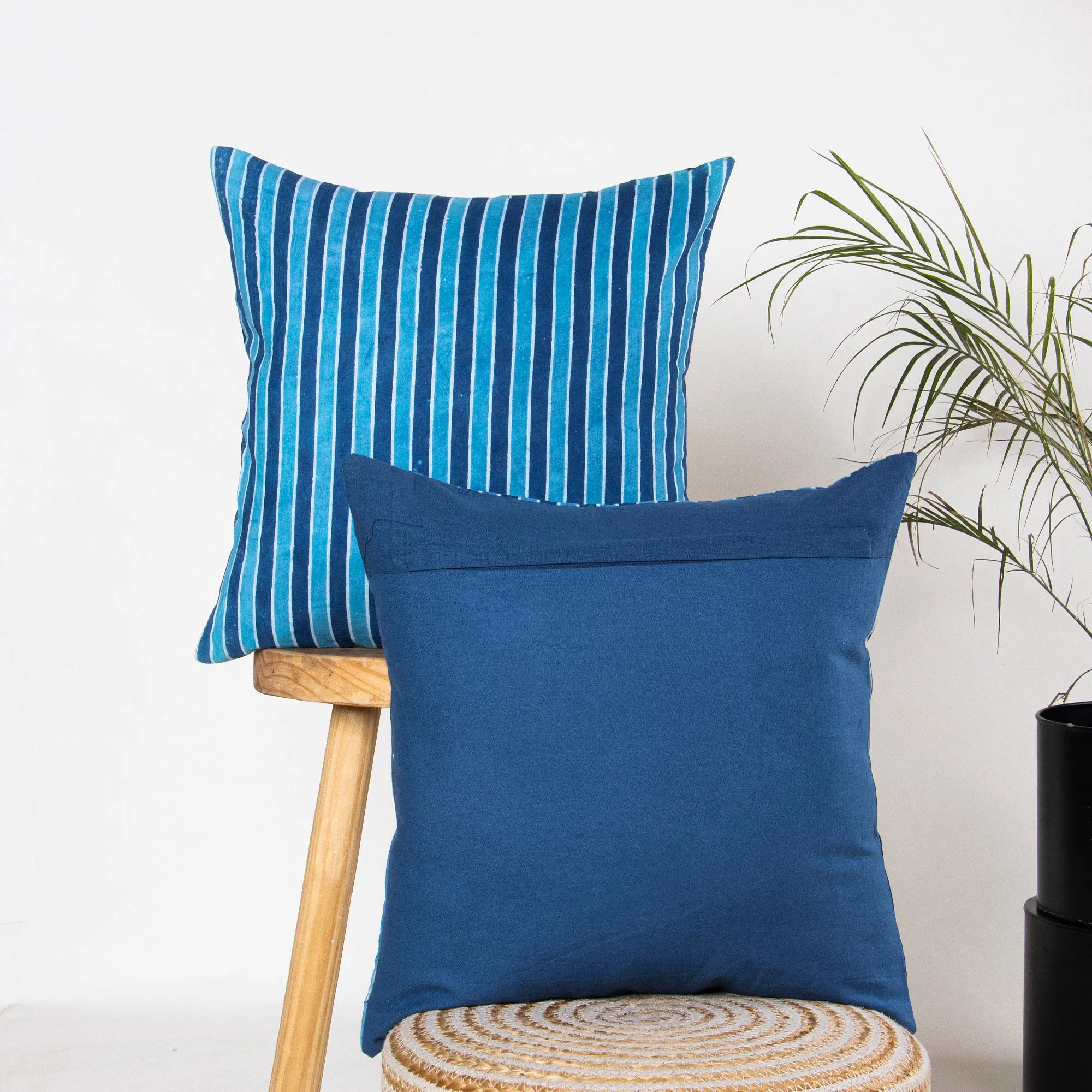 Stripes Hand Block Blue Printed Cotton Cushion Cover 16x16