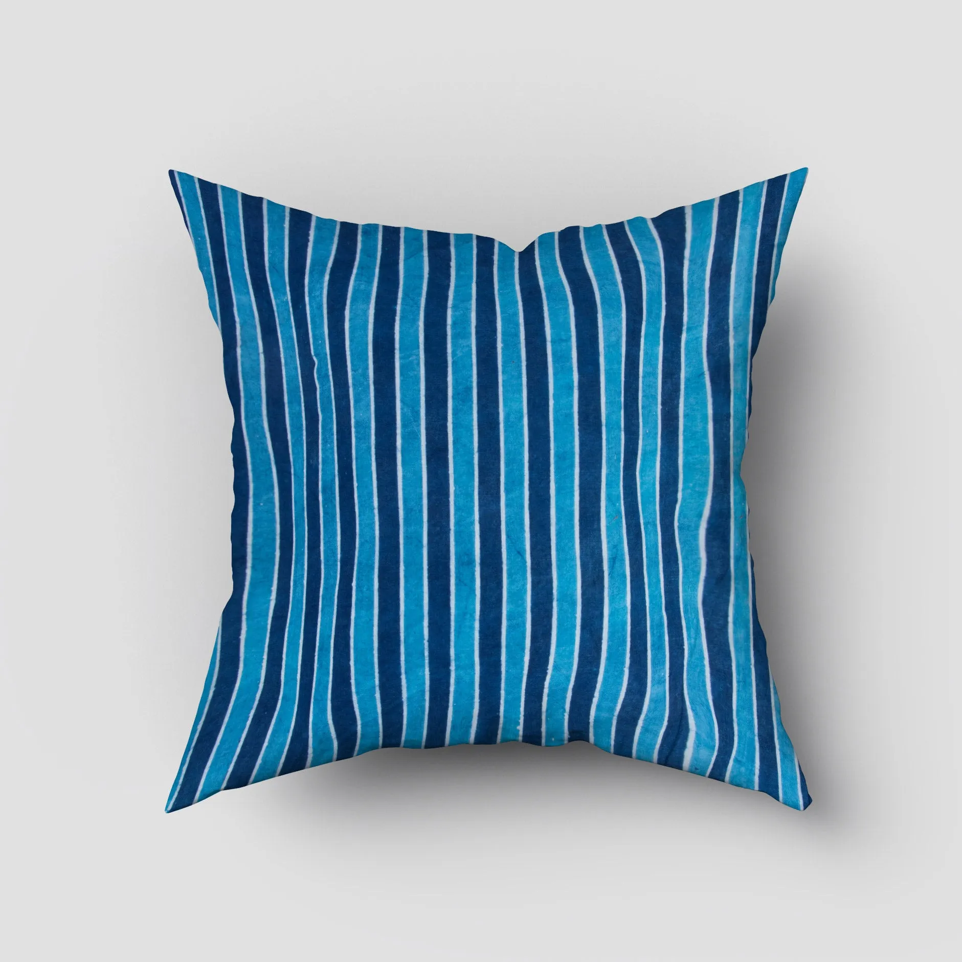 Stripes Hand Block Blue Printed Cotton Cushion Cover 16x16