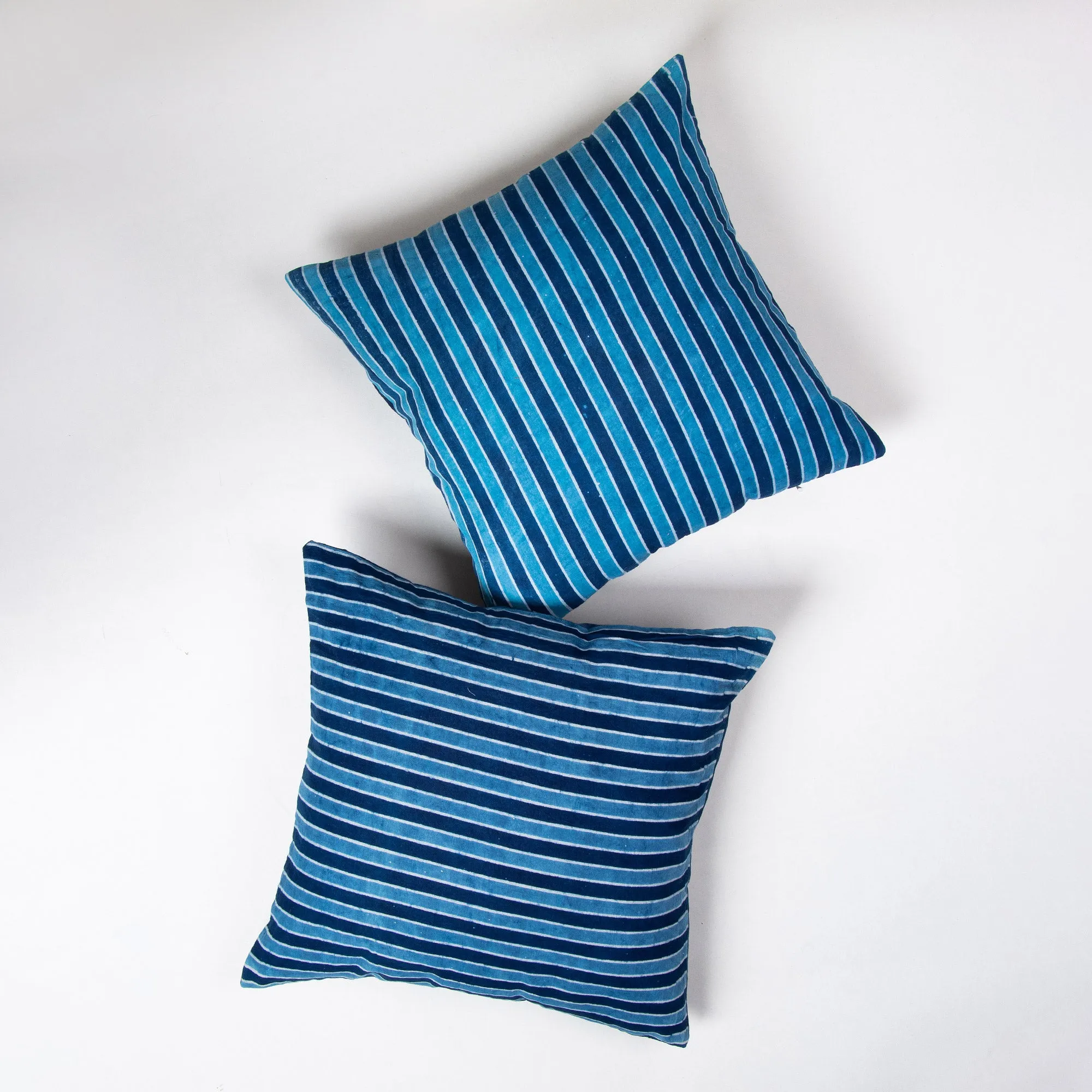 Stripes Hand Block Blue Printed Cotton Cushion Cover 16x16