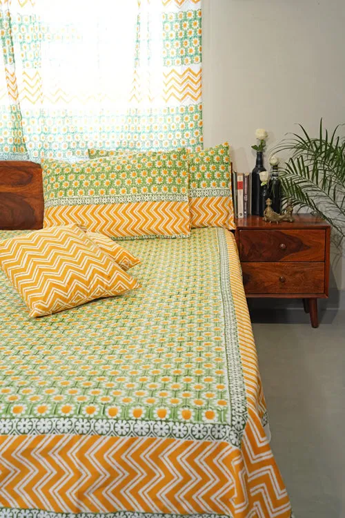 Sunlit Haven Hand Block Printed Cotton Percale Bedsheet