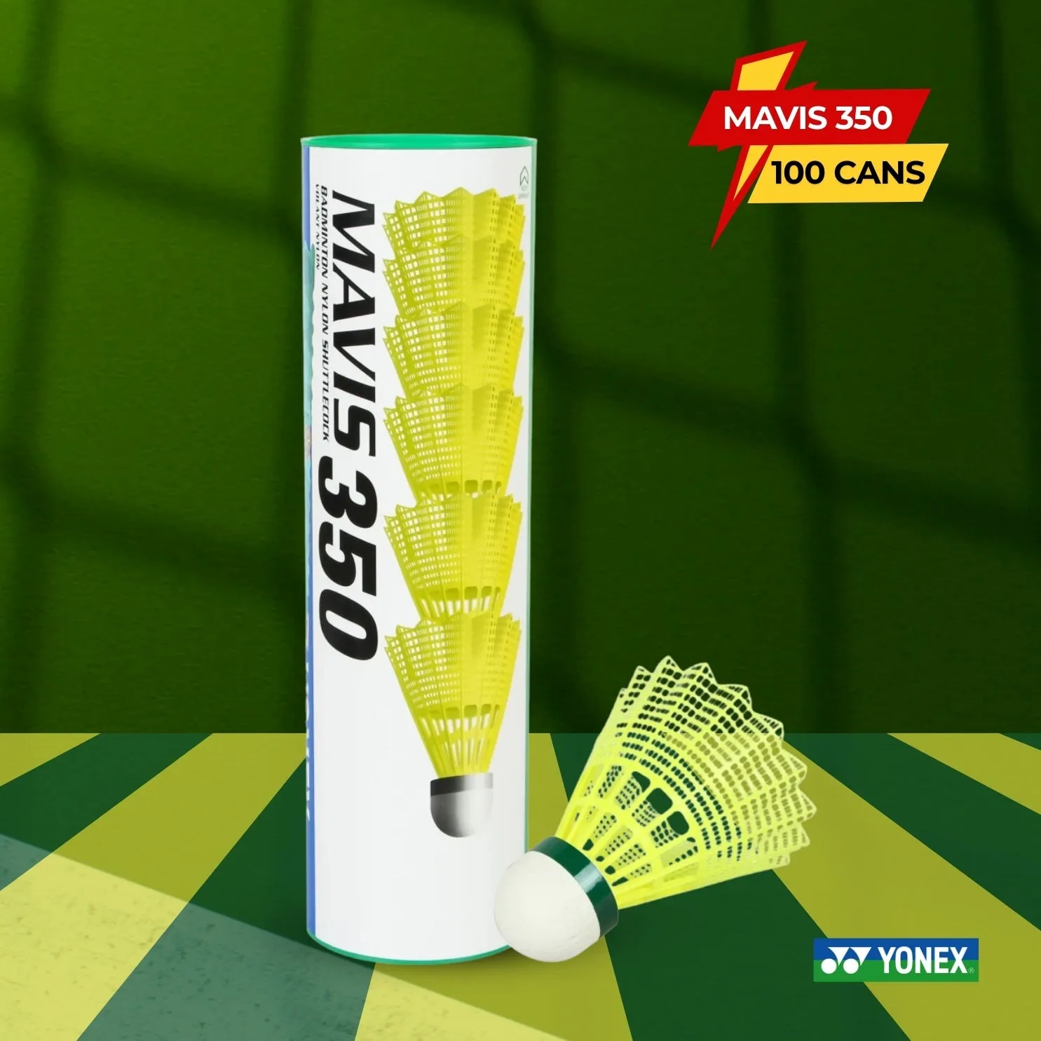 Yonex MAVIS 350 Green Cap Nylon Shuttlecock - 100 Cans